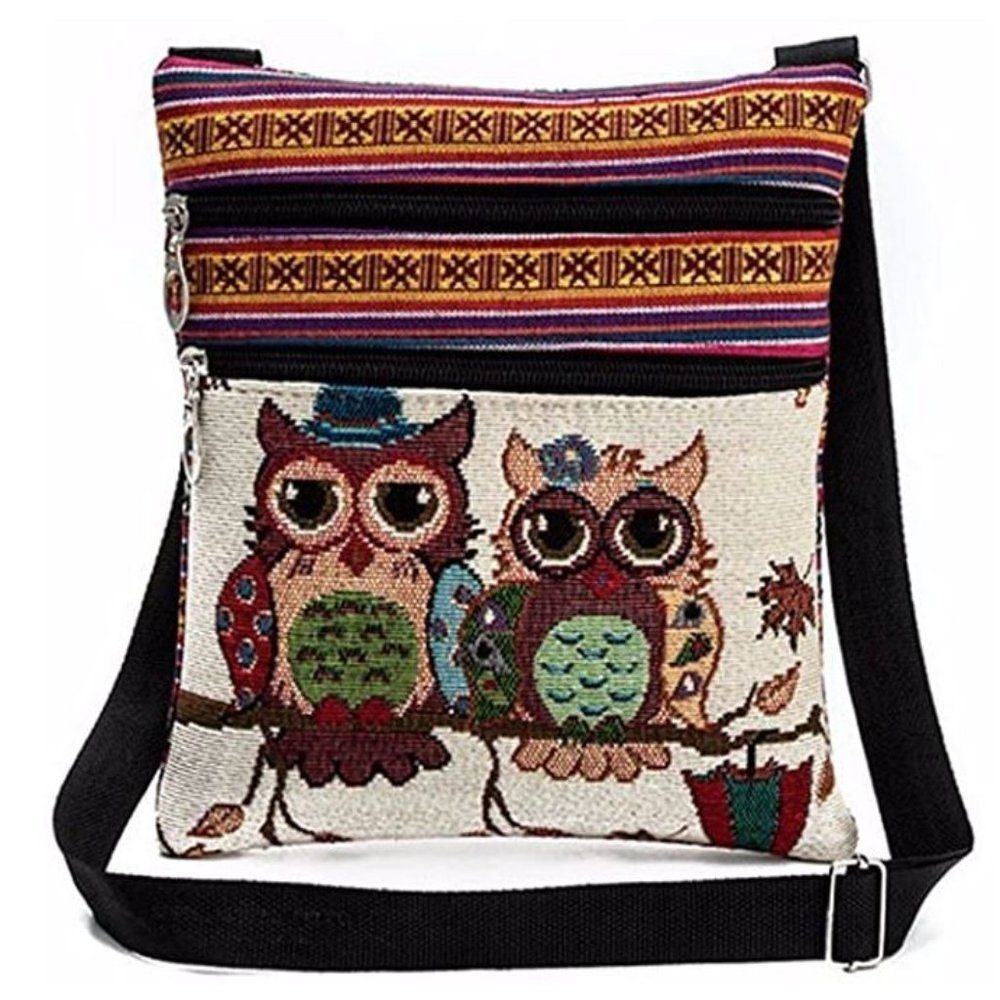 Canvas Owl-Print Crossbody Shoulder Bag in Multi-Color